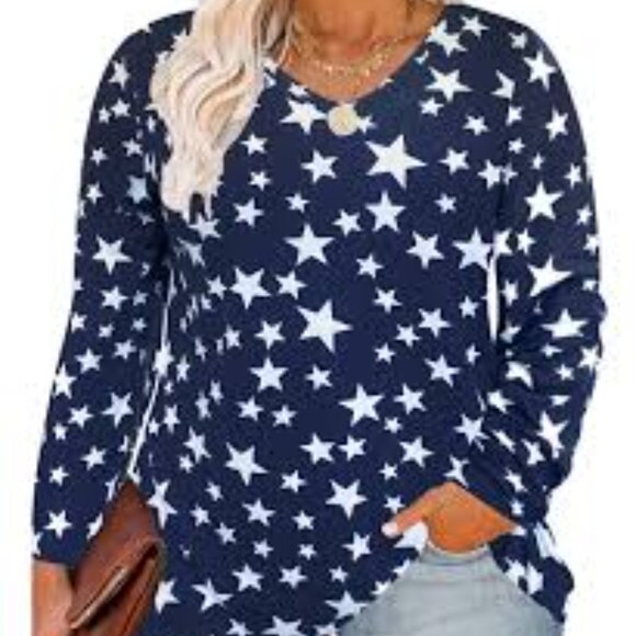 Womens Plus Size Navy and White Star Print Long Sleeve V-Neck Top - Picture 2 of 10